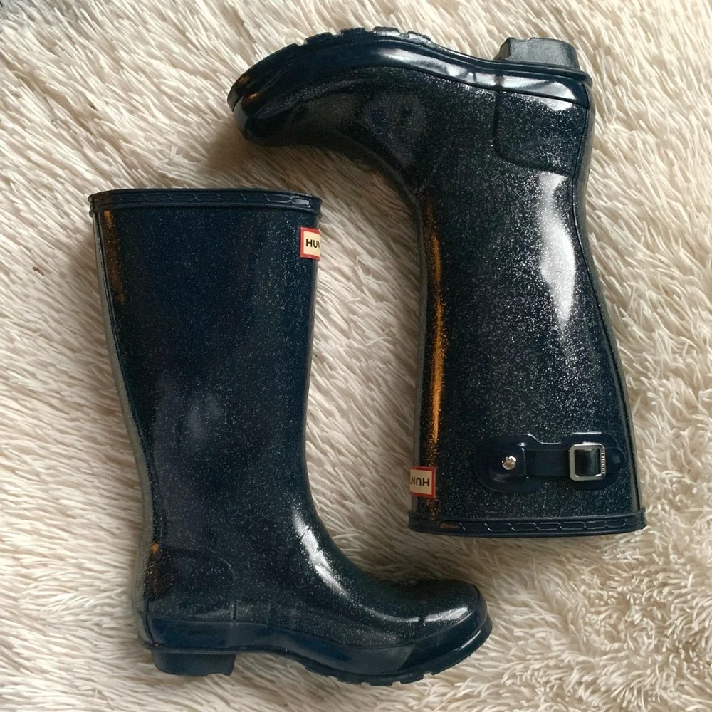 Hunter Navy Blue w Silver Sparkly Glitter Tall Rain Boots EUC